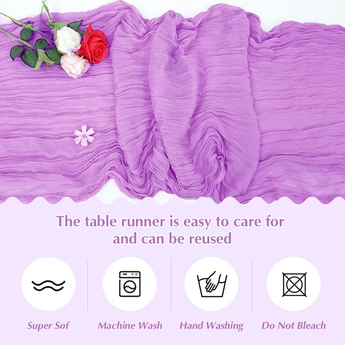 Light Purple Cheesecloth Table Runner -21*120Inch Long Boho Wedding Table Decor, Rustic Gauze Fabric Runner for Bridal Showers, Baby Showers & Parties (Sheer, Lightweight, Wrinkled Design)