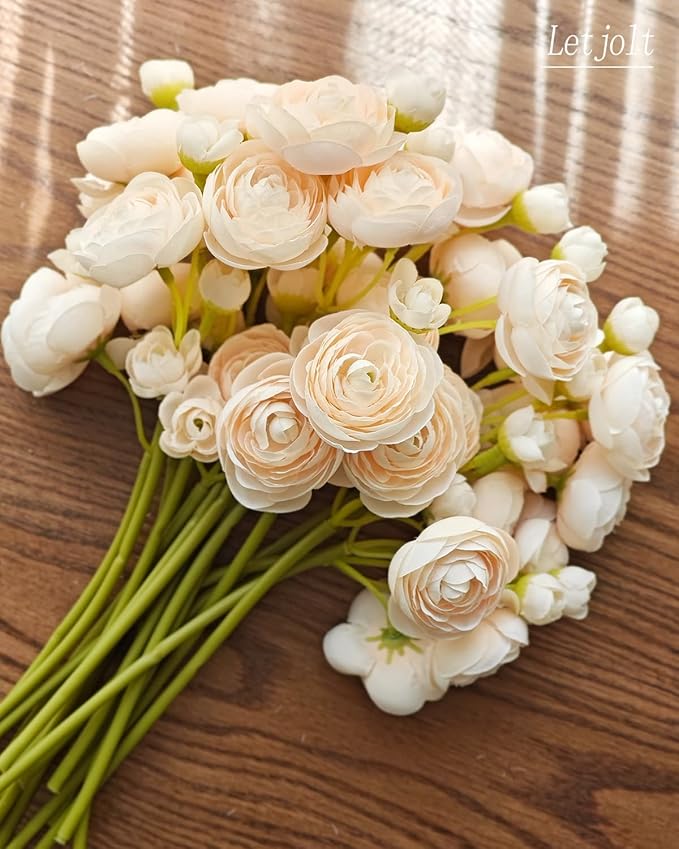 Letjolt Ranunculus Artificial Flower Light Champagne Silk Flowers Faux DIY Bouquet for Wedding Engagement Centerpieces Arrangements Bridal Shower Decorations Home Decor 18pcs