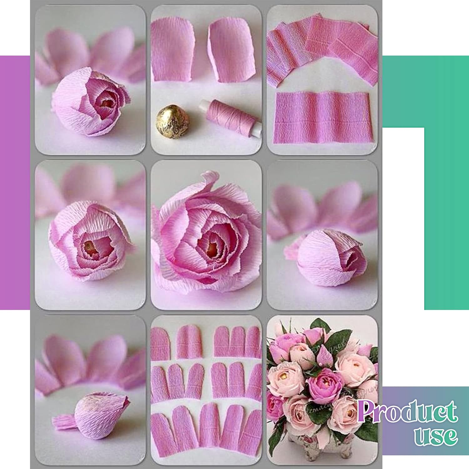 Leinuosen 65 Pcs Crepe Paper Flower DIY Kits 12 Rolls 10 x 98 Inch Crepe Paper Rolls Sheets 100 Floral Iron Wire 1 Wire Cutter 2 Tapes for Birthday Party Wedding Wreath Flower Making(Elegant Colors)
