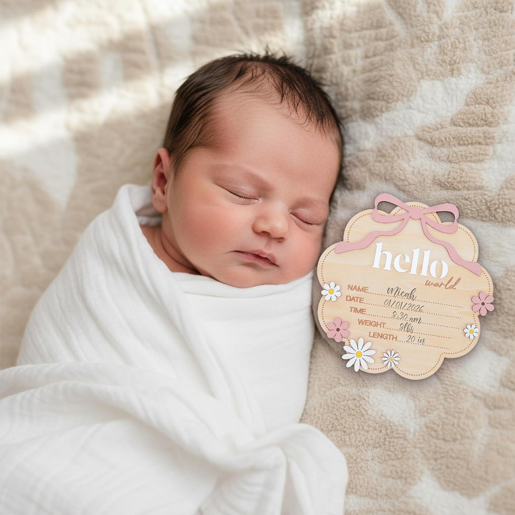Hello World Wooden Baby Birth Announcement Sign with Pink Bow, Cloud Shape Floral Newborn Name Date Time Weight Length Board, Baby Girl Nursery Photo Prop (Light Pink)