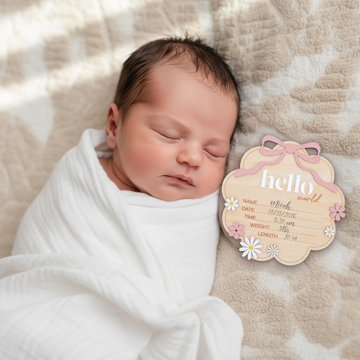 Hello World Wooden Baby Birth Announcement Sign with Pink Bow, Cloud Shape Floral Newborn Name Date Time Weight Length Board, Baby Girl Nursery Photo Prop (Light Pink)