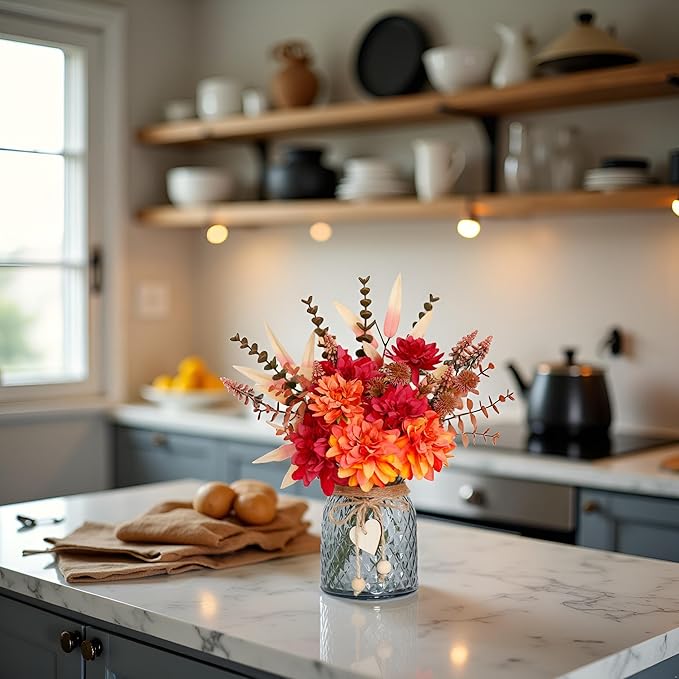 Fake Fall Flowers in Vase,Faux Flowers in Vase,Fall Floral Arrangement,Fall Centerpieces for Tables,Artificial Flowers,Kitchen Decor,Coffee Table Decor