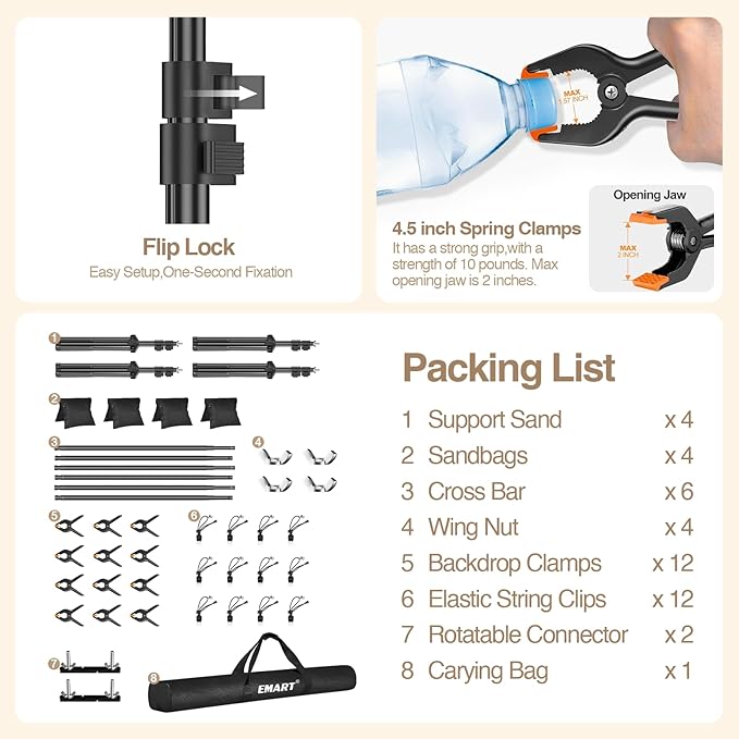 EMART Backdrop Stand, 30x7ft(WxH) Large Adjustable Background Support System with 308° Angle Rotatable Connector, 12 Clamps, 4 Sandbags and Carry Bag for Paties, Wedding, Photography Studio, Video
