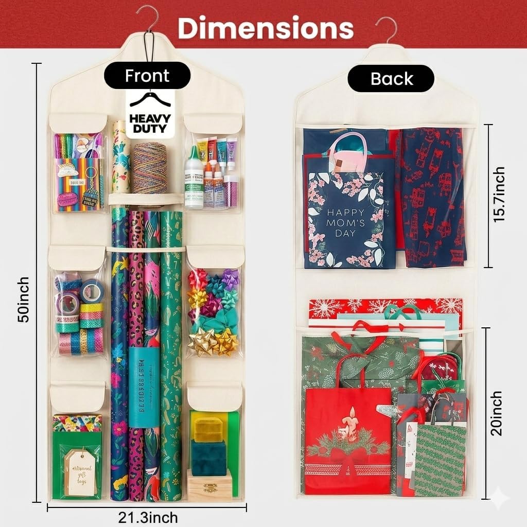 Wrapping Paper Organizer Storage – Double-Sided Hanging Gift Wrap Holder with Wooden Hanger – Over the Door or Closet Storage for Gift Bags with Pockets – For Christmas, Birthdays & Special Occasions.