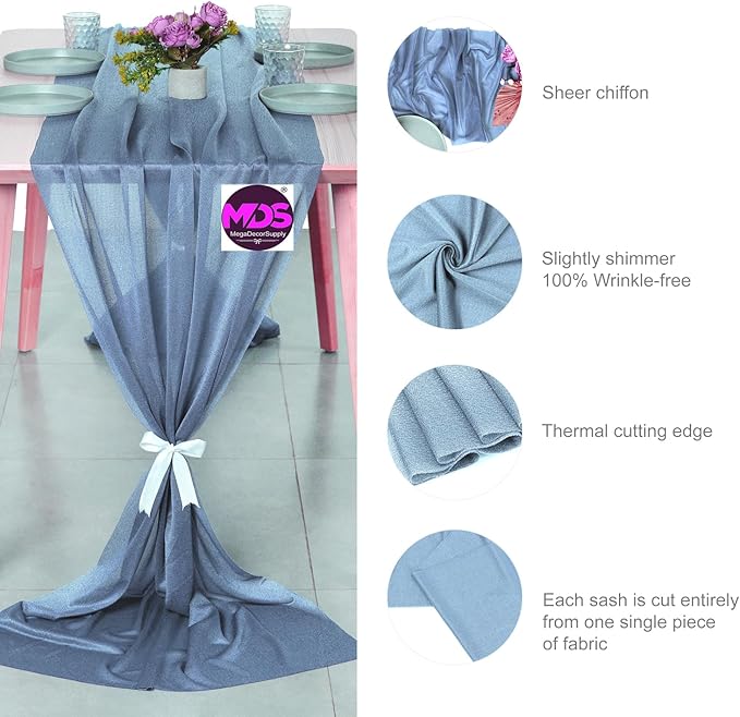 MDS Halloween Chiffon Table Runner - 12 Pack, 29 x 170 Inches, 14ft Each - Sheer Spooky Table Runners for Haunted House Parties, Trick-or-Treat Tables, Witchy Décor, Wedding & Events - Dusty Blue