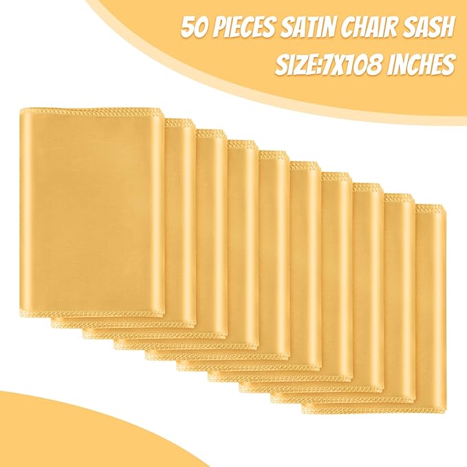 50 PCS Gold Satin Chair Sashes Bows Universal Chair Ribbon Ties Back Sash for Wedding Party Reception Events Banquets Hotel Event Chair Cover Decoration (7x108 inch)