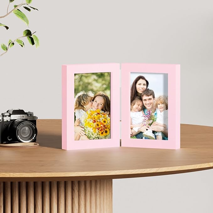decorUhome Double 4x6 Picture Frame Vertical, Engineered Wood Bifold Photo Frame with Plexiglass for Tabletop Display, 4x6, Pink
