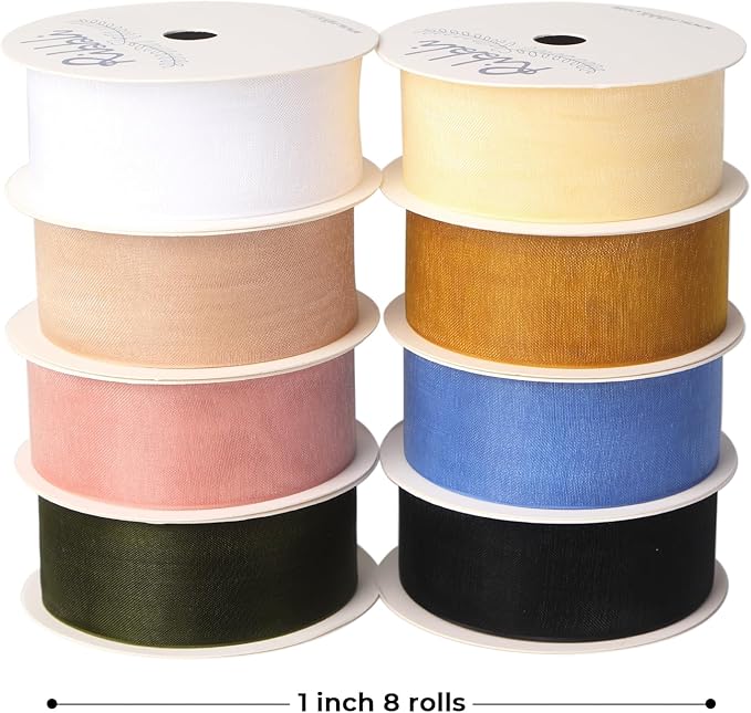 Ribbli 8 Rolls Organza Ribbon 1 Inches Total 80 Yard White Ivory Champagne Gold Rose Gold Dusty Blue Moss Black Sheer Ribbon for Gift Wrapping,Cookie Wrapping,Easter,Wedding Decoration
