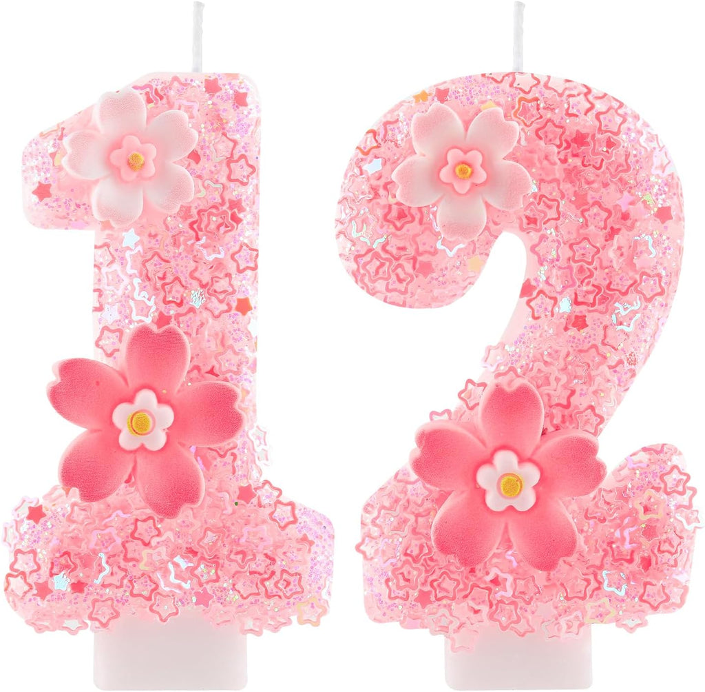 Cherry Blossom Pink Number 12 Birthday Candle, 2.8in Cute Shiny Happy 12th Birthday Candle with Tray & Stick Girls 12 Candle for 12 Birthday Ideal Birthday Parties Cake Decoration & Gifts