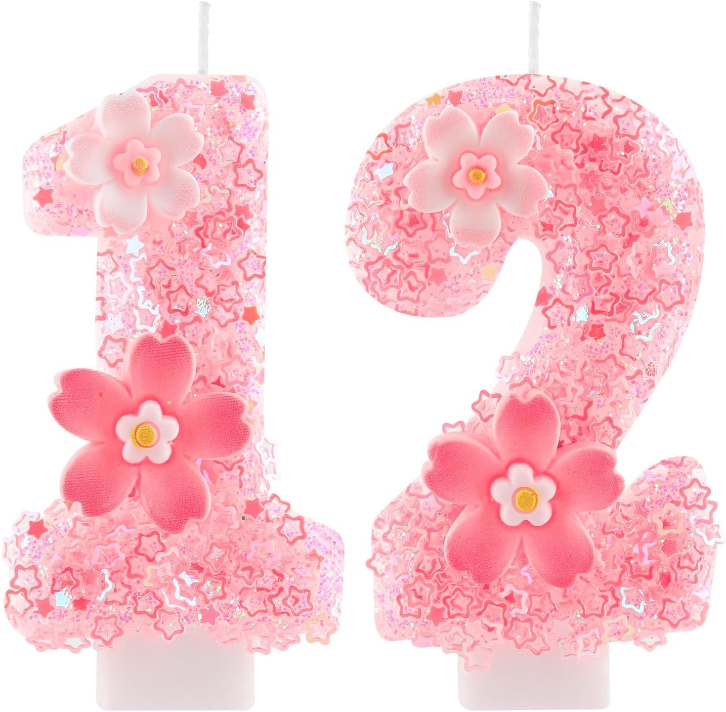 Cherry Blossom Pink Number 12 Birthday Candle, 2.8in Cute Shiny Happy 12th Birthday Candle with Tray & Stick Girls 12 Candle for 12 Birthday Ideal Birthday Parties Cake Decoration & Gifts