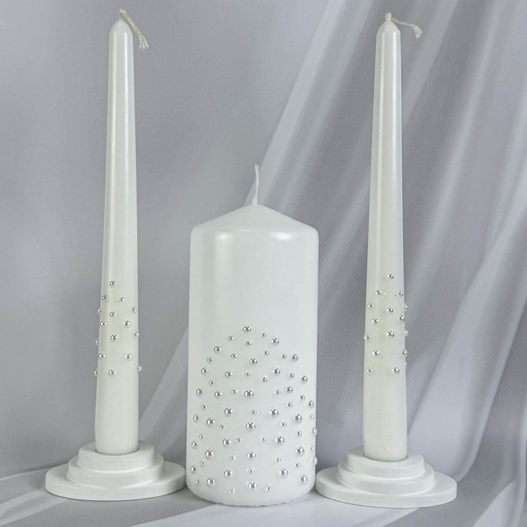 Unity Candle Set - Wedding Ceremony & Reception – 6” Pillar & Two 10” Taper Candles – Long Burning Unity Candles for Marriage Ritual – Handmade in USA – White| Pearls