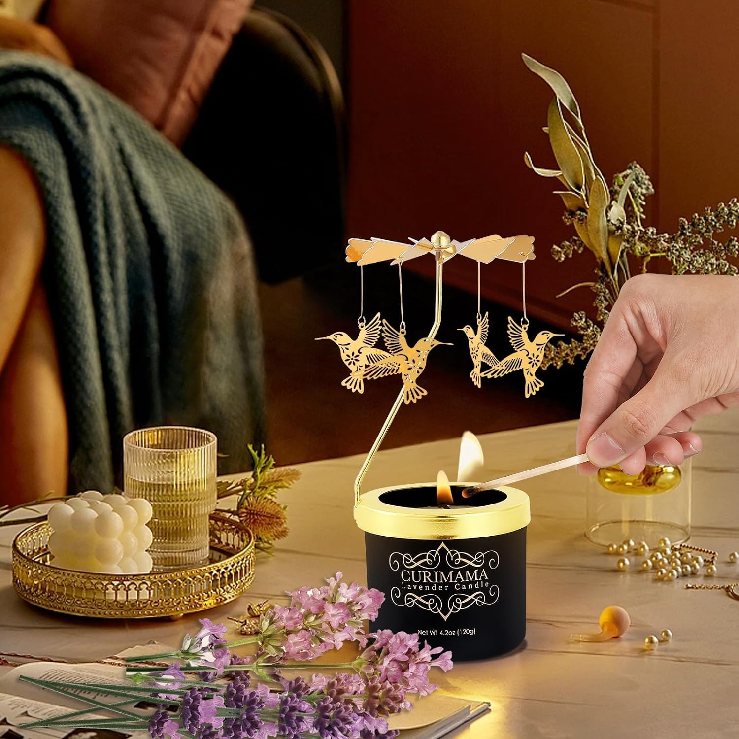 Lavender Scented Candle with Rotating Hummingbird - Soy Wax Aromatherapy Candle, Relaxing Gift for Women, Birthday and Anniversary Present for Mom, Wife and Grandma