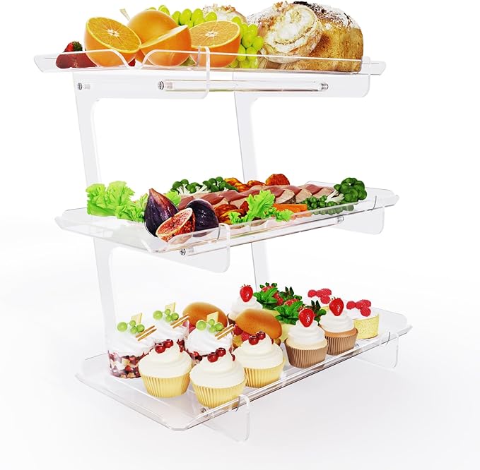 3 Tier Acrylic Serving Tray, 15.3" x 7.1" Dessert Table Display Set Stand for Party, Desserts, Fruits, Cookies – Reusable Collapsible Tiered Platters for Cupcakes, Veggies, and Sweet Treats