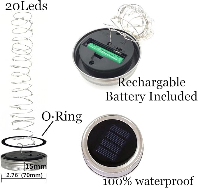 Solar Mason Jar Lid String Lights, 8 Pack 20 Led String Fairy Star Firefly Jar Lids Lights with 8 Hangers Included (Jars Not Included), for Mason Jar Patio Garden Wedding Lantern