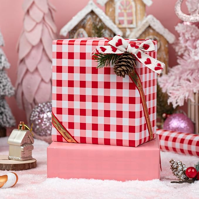 Burymento Red Checkerboard Wrapping Paper, Gift Wrap for Birthday, Valentines, Mothers day, Graduation, Wedding, Fathers day, Baby Shower, Christmas (17in x 32.8ft)