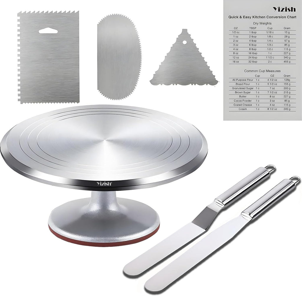 Yizish Cake Turntable Aluminum Alloy, 12 Inch Rotating Cake Stand Decorating Kits with Stainless Steel Icing Spatula (2pcs) and Icing Smoother (3pcs) for Baking, Pastries and Cupcakes