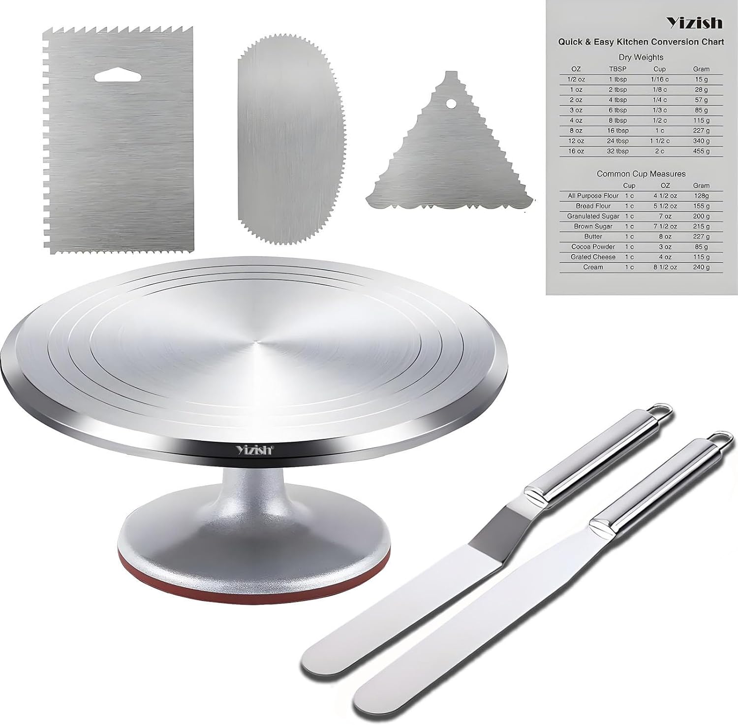 Yizish Cake Turntable Aluminum Alloy, 12 Inch Rotating Cake Stand Decorating Kits with Stainless Steel Icing Spatula (2pcs) and Icing Smoother (3pcs) for Baking, Pastries and Cupcakes