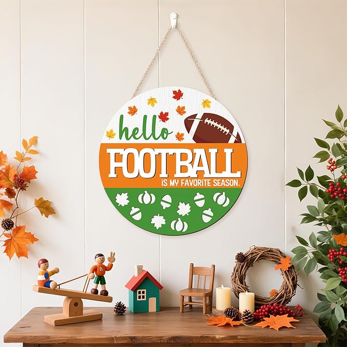CHDITB Hello Football is My Favorite Season Front Door Sign Wreath(12"x12"), Wooden 3D Fall Decoration Wall Hanging, Farmhouse Rugby Autumn Harvest Maple Leaves Decor Hanger for Front Porch Outdoor