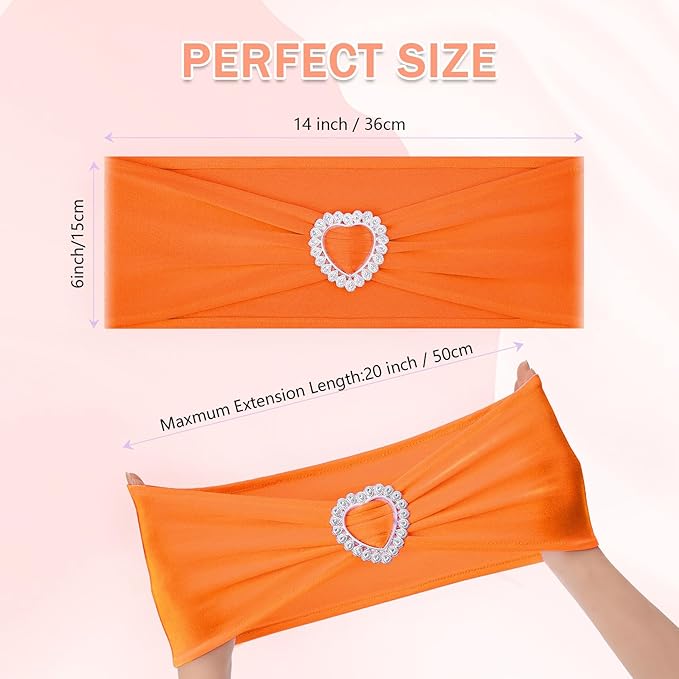 Howhic Pack of 60 Spandex Chair Sashes Bows Stretch Chair Cover Band with Buckle Slider Universal Elastic Chair Ties for Wedding Banquet Party Event Decoration (Orange)