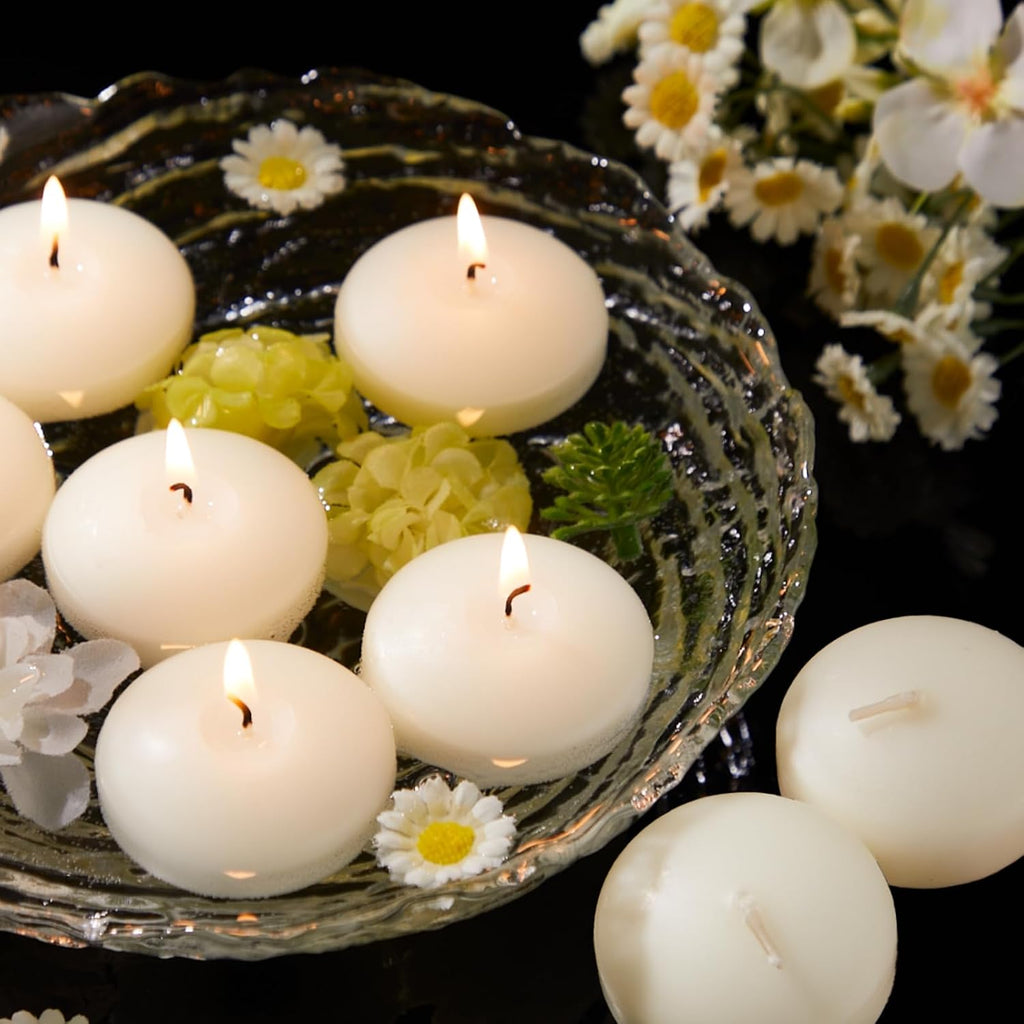 Crenovo Floating Candles Dripless, 10-Hour Clean Burn, 3 Inch Unscented Candles for Wedding, Party, Centerpieces, 24 Pack Ivory Water Candles Romantic Decoration for Valentine's Day