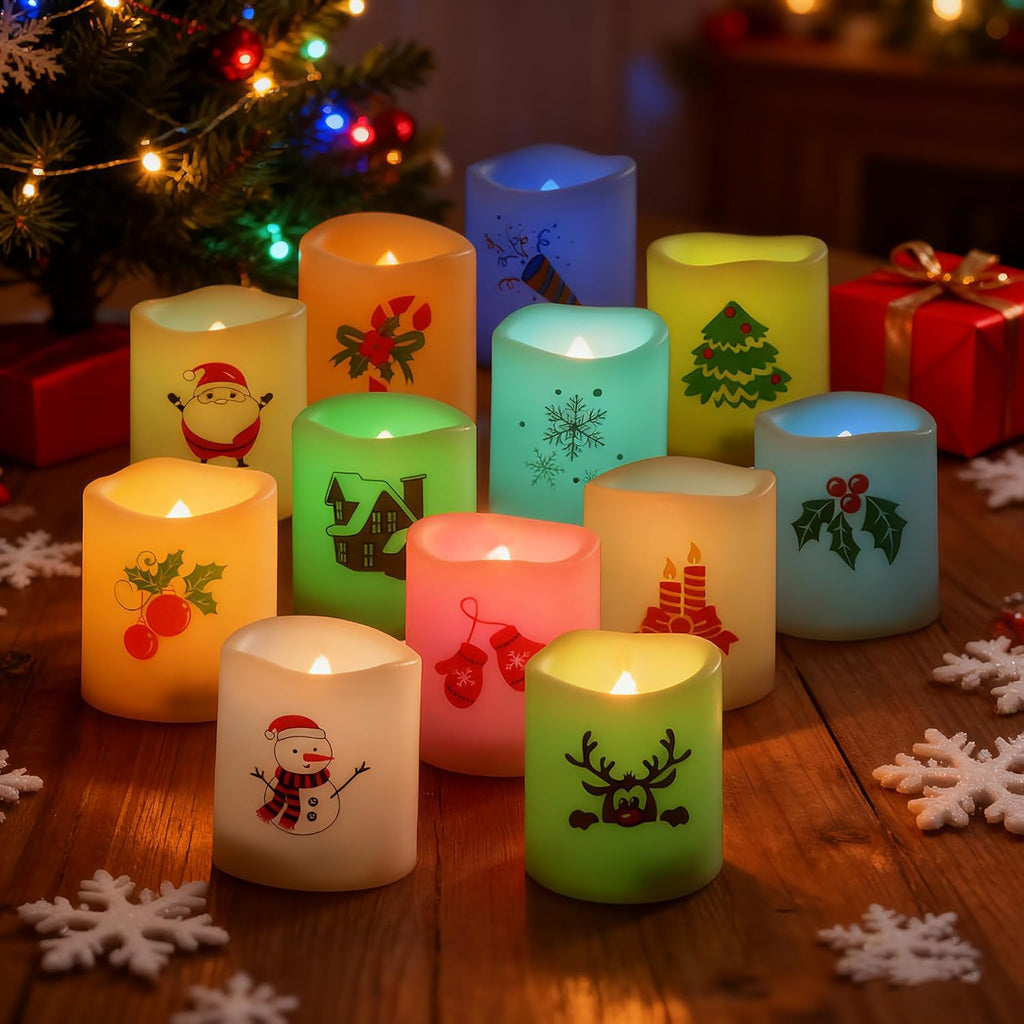 CANDLE CHOICE Christmas Color Changing Battery Operated Flameless Votive Candles Small Realistic Electric LED Votives with Christmas Theme Decals for Xmas Party Decorations 12 Pack Batteries Included