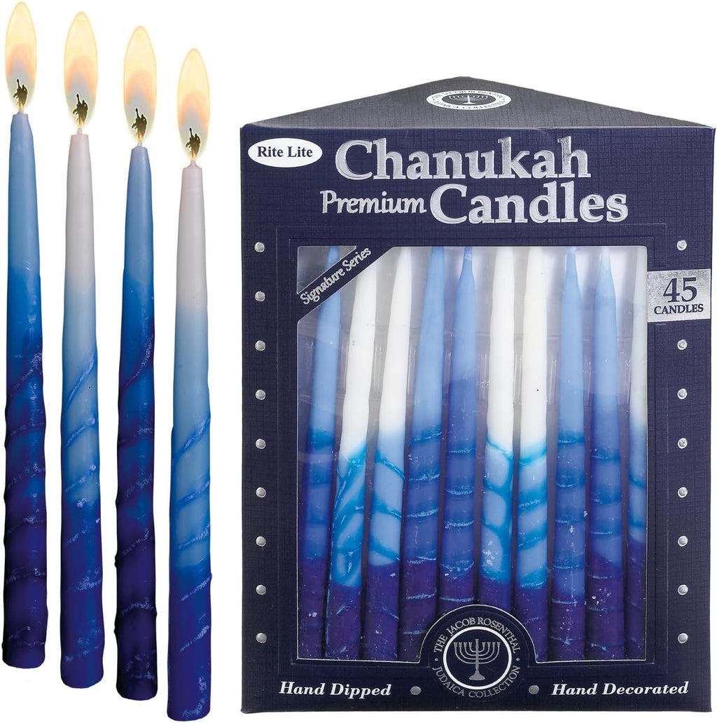 Rite -Lite Judaica Premium Chanukah Candles. Handcrafted, Tri-Color Blue/White Stripe. Box of 45