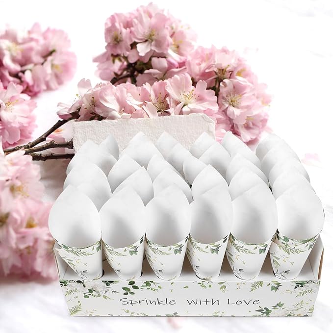 CIMAXIC Wedding Confetti Cone Holder Box - Flower, Paper, Petal Cones - White Paper Cup Candy Stand