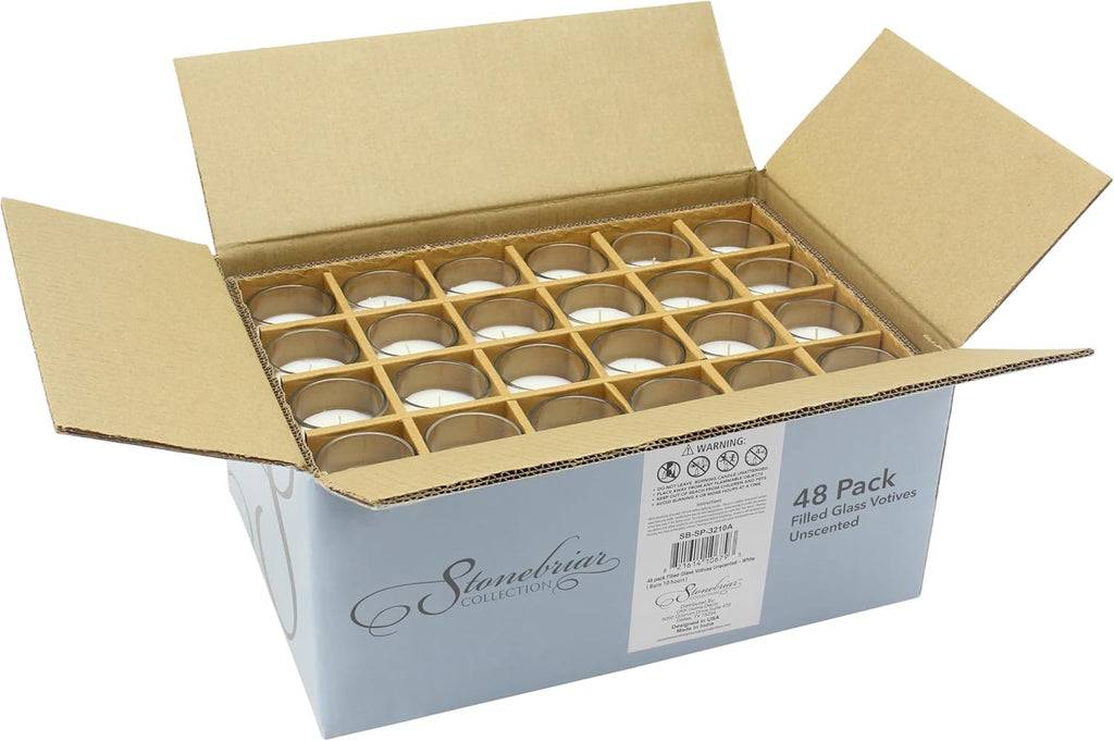 Stonebriar 12 Hour Long Burning Unscented Wax Filled Votive Holders, 48 Pack, White