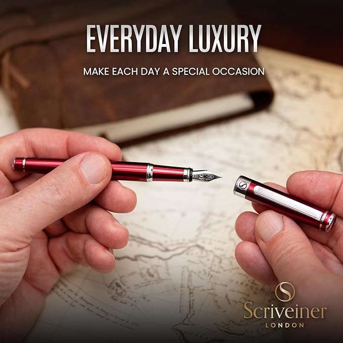 Scriveiner Deep Crimson Red Fountain Pen - Stunning Luxury Pen with Chrome Finish, Schmidt Nib (Fine), Best Pen Gift Set for Men & Women, Professional, Executive, Office, Nice Pens