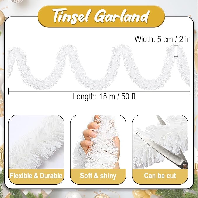 50 Feet Macaron White Christmas Tinsel Garland, Metallic Foil Twist Banner Wall Hanging Tinsel Streamers Backdrop for Parade Floats, Christmas, Mother's Day, Birthday Party Decorations(2in x 50ft)