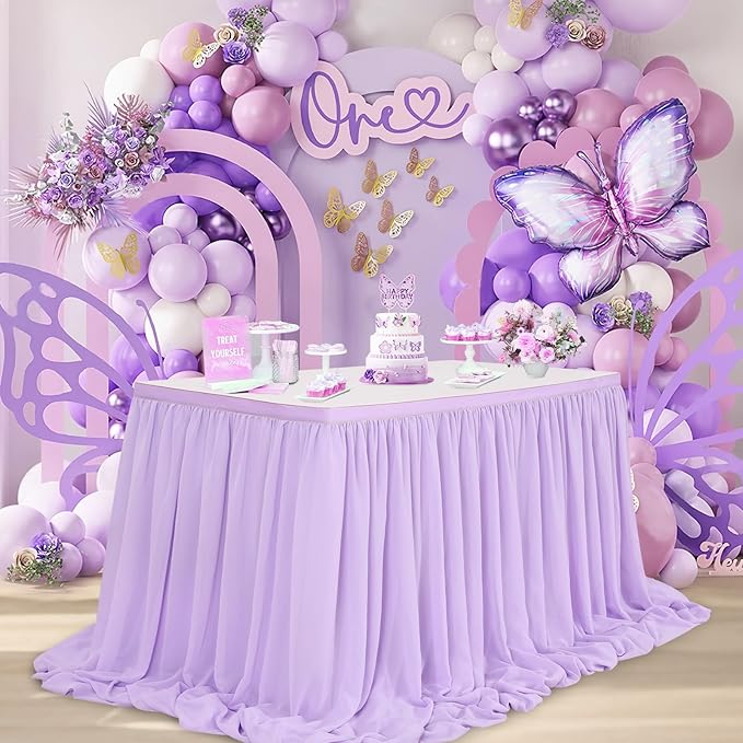 QueenDream 14ft Lavender Chiffon Table Skirt Purple Sheer Tablecloth for Rectangle Tables for Baby Shower Birthday Party Decorations