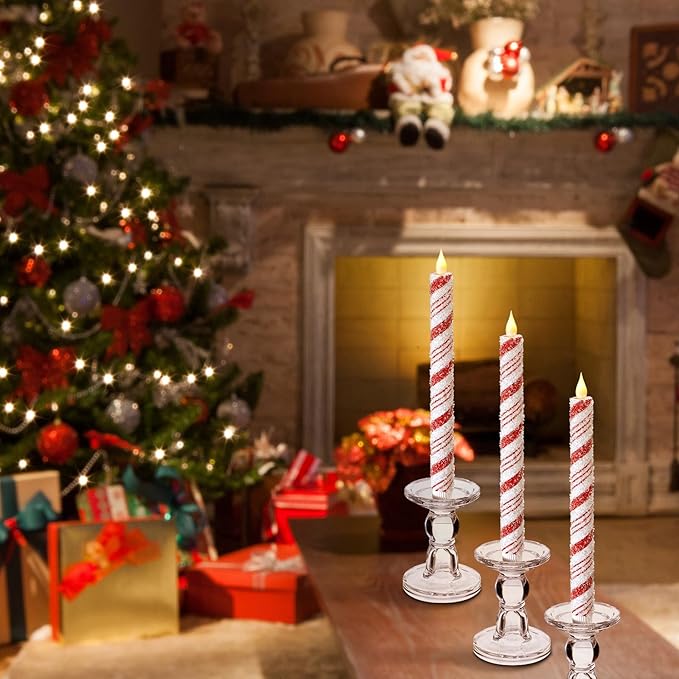Baquler 6 Pcs Christmas Flameless Taper Candles 10.6 Inch Sea Salt Candy Cane Candles Battery Operated LED Christmas Candlesticks for Xmas Centerpiece Holiday Party Decor