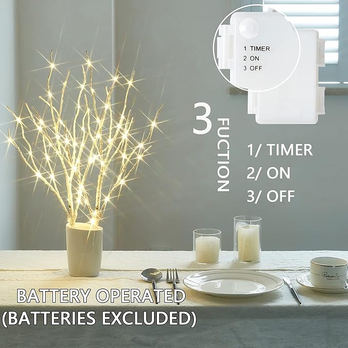 Fudios Lighted Birch Branches 18IN 70 White Willow LED with Timer Battery Operated for Christmas Party Wedding Decoration Twig Lights Outdoor