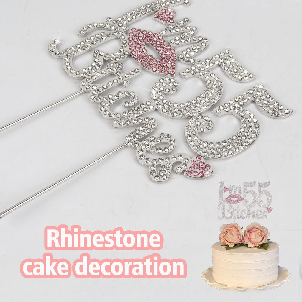 I'm 55th Funny Birthday Pink Rhinestone Cake Topper - Happy 55th Birthday Cheers to 55 Years Old Bday Party Metal Sparkly Food Centerpieces Topper Decorations Sign.