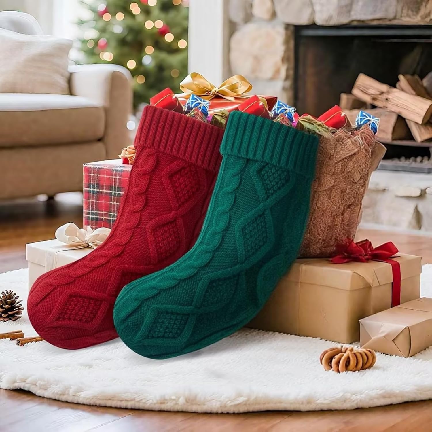 NOT HOME Christmas Stockings 2 Pack, 18 Inches Red and Green Knitted Christmas Stockings, Large Size Burgundy and Dark Green Knit Christmas Stocking Gifts for Family Christmas Decorations