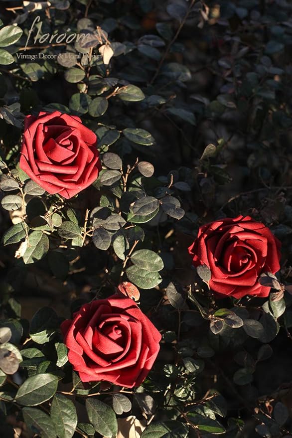 Floroom Artificial Flowers 25pcs Real Looking Dark Red Foam Fake Roses with Stems for DIY Wedding Bouquets Bridal Shower Centerpieces Party Decorations