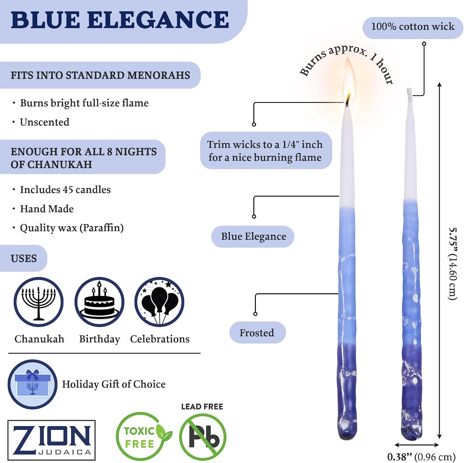 Deluxe Chanukah Candles for Menorah Set of 45 Multi Blue & White Frosted 1-Hour Decorative Hanukkah Candles Thin Tapered Candle with DIY Dreidel Prayer Song Card by Zion Judaica