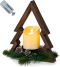 Hanobe Farmhouse Christmas Table Decorations: Rustic Wood Christmas Centerpiece Tree with Pine Ring & Remote Timer LED Candle for Home Shelf Mantel Office Decor