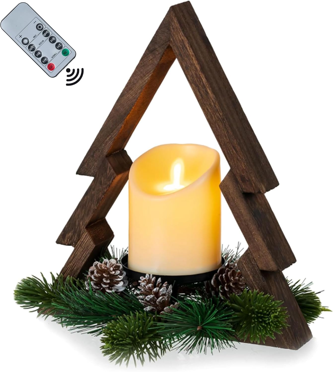 Hanobe Farmhouse Christmas Table Decorations: Rustic Wood Christmas Centerpiece Tree with Pine Ring & Remote Timer LED Candle for Home Shelf Mantel Office Decor