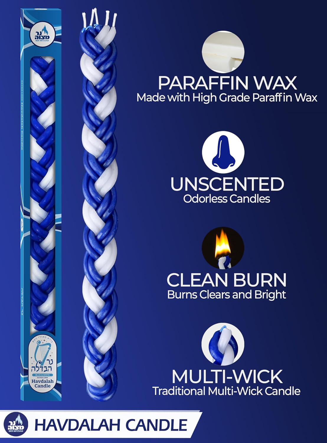 Ner Mitzvah Braided Havdalah Candle - 2-Pack - Large 15-Inch Blue and White Paraffin Wax - Handcrafted Havdallah Candle - Shabbat Judaica Gift