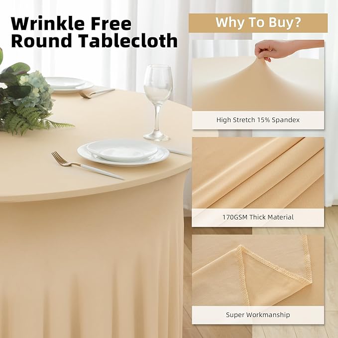 6 Pack Champagne Round Spandex Tablecloth 60 Inch, Wrinkle Free Stretch 120 Inch Fitted 5ft Champagne Table Cloths Round Table Covers with Ruffle Skirt for Party Wedding Banquet