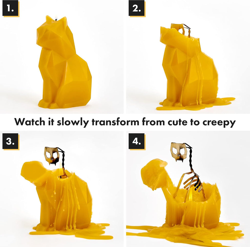 PyroPet Kisa Cat Candle (Mustard Yellow) - The Original Cat Candle with Metallic Skeleton | Halloween Decor | Unique Gift for Cat Lovers | 20-Hr Burn Time | Dimensions: 6.7x2.9x4.5 in