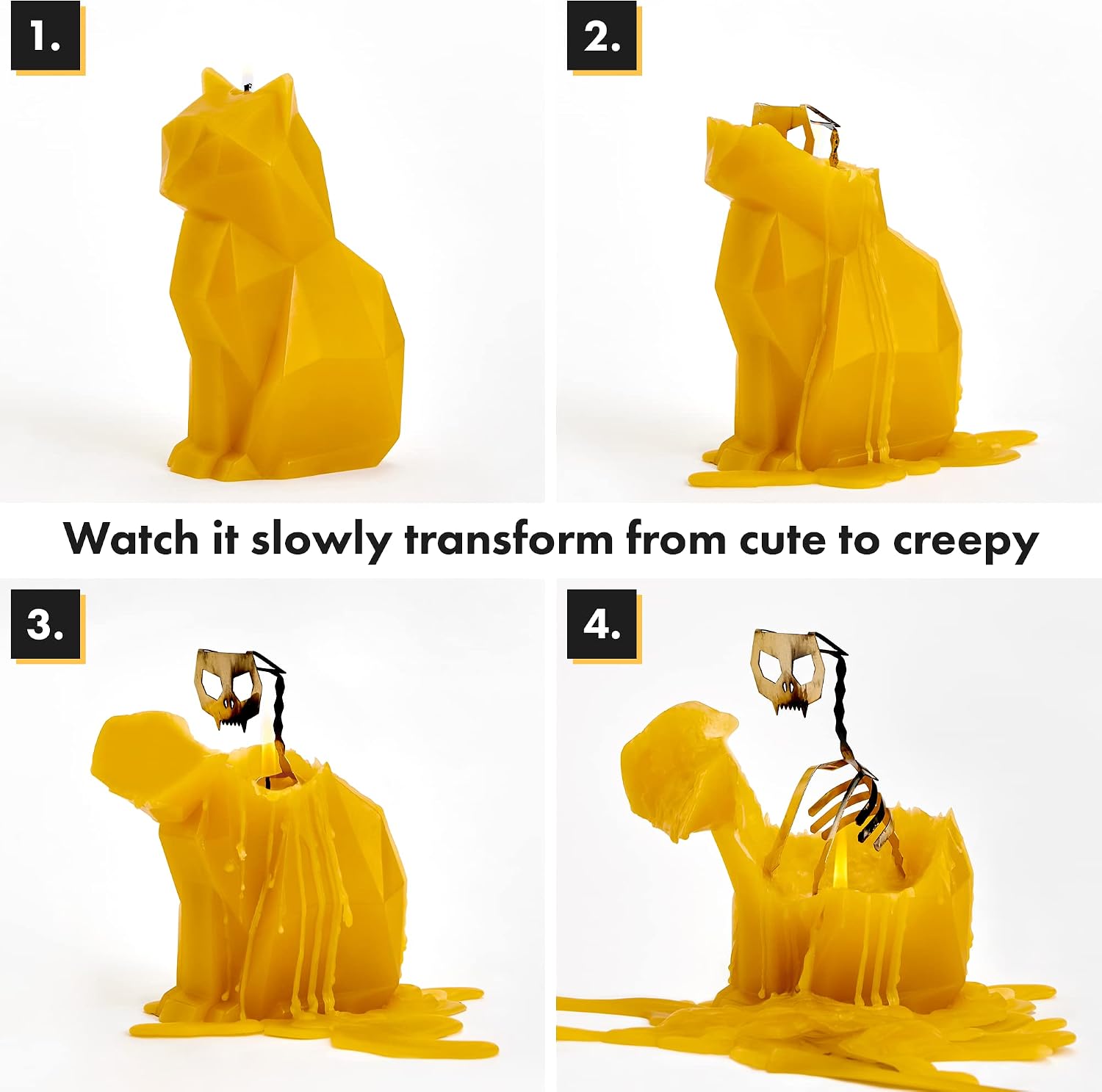 PyroPet Kisa Cat Candle (Mustard Yellow) - The Original Cat Candle with Metallic Skeleton | Halloween Decor | Unique Gift for Cat Lovers | 20-Hr Burn Time | Dimensions: 6.7x2.9x4.5 in