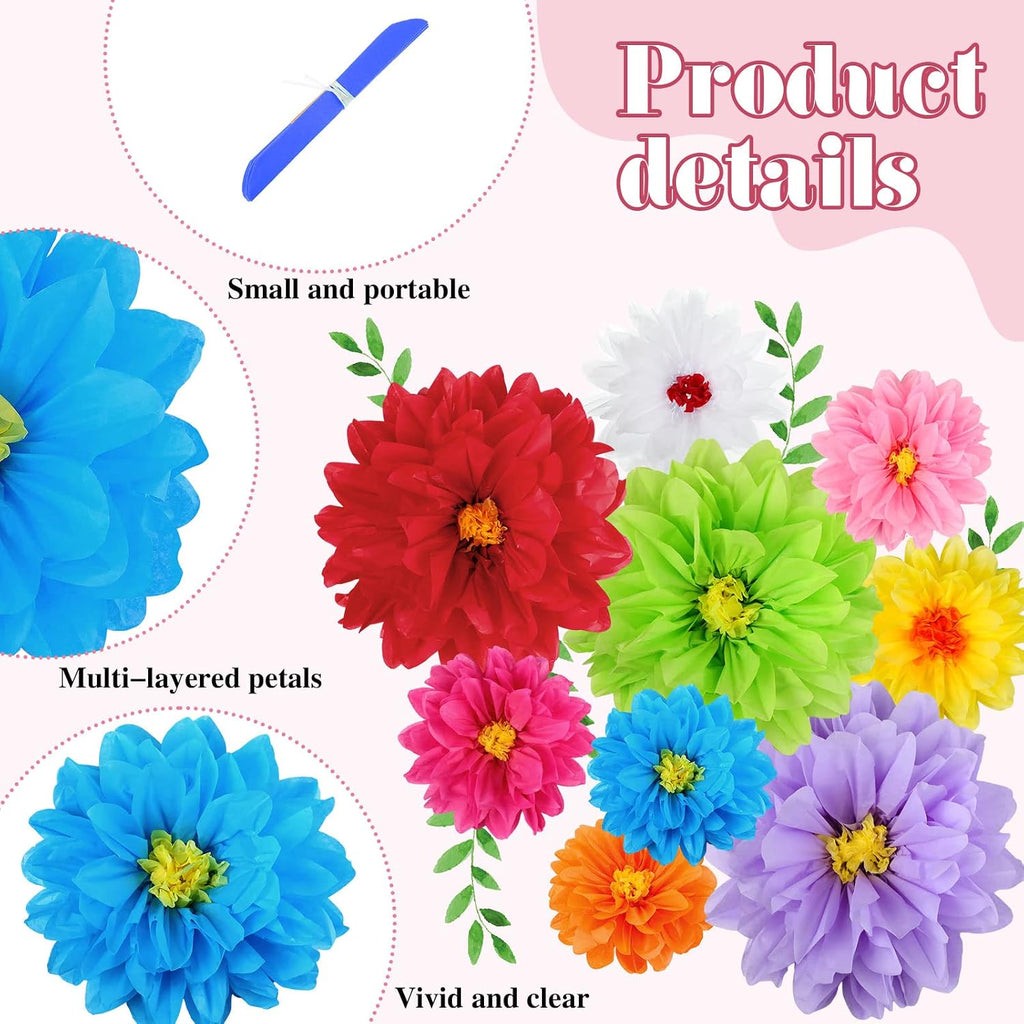 Geyee 27 Pcs Mexican Paper Flowers Fiesta Tissue Paper Flowers Colorful Crepe Flower Mexican Fiesta Party Decorations for Floral Backdrop Carnival Wedding Birthday Party Craft Wall Decor (8" 10" 12")