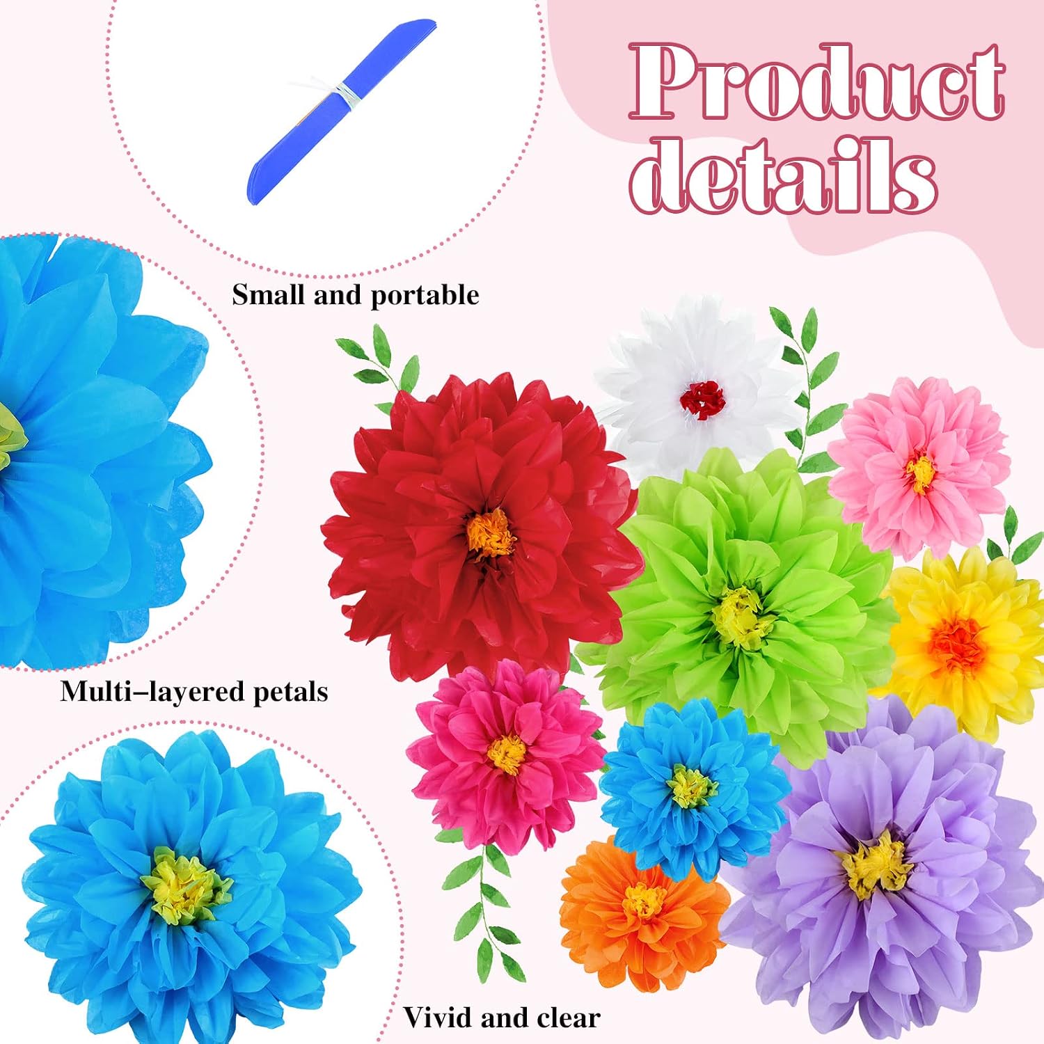 Geyee 27 Pcs Mexican Paper Flowers Fiesta Tissue Paper Flowers Colorful Crepe Flower Mexican Fiesta Party Decorations for Floral Backdrop Carnival Wedding Birthday Party Craft Wall Decor (8" 10" 12")