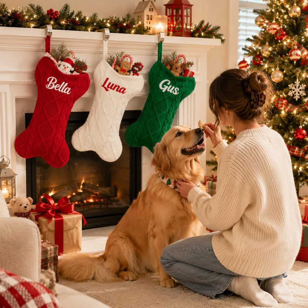 Ulico Custom Pet Stocking Christmas, Personalized Christmas Stocking for Dogs, Bone Shape Stocking Christmas Large Pet Stockings Hanging Dog Christmas Stocking for Dogs Cats Pets (1 Pcs)