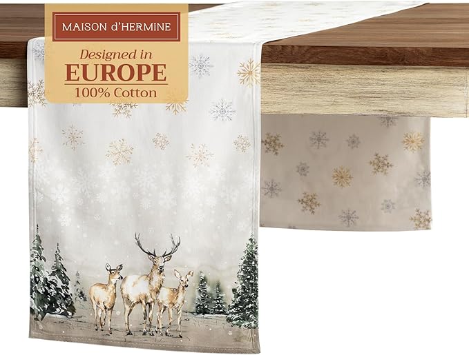 Maison d' Hermine Table Runner 100% Cotton Double Layer Table Runners 72 inches Long for Thanksgiving Christmas Decorations Home Kitchen Dining Party Wedding (Deer in The Woods, 14.5" x 72")