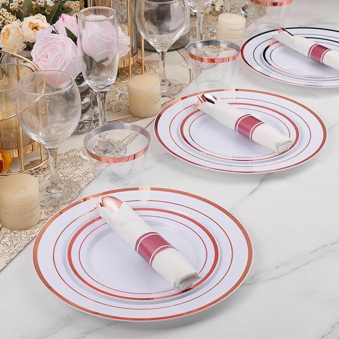 BESTVIP 100 Pack Pre Rolled Rose Gold Plastic Silverware Set, Disposable Wrapped Cutlery Set with 100 Napkins, 100 Knives, 100 Forks and 100 Spoons for Party, Birthday