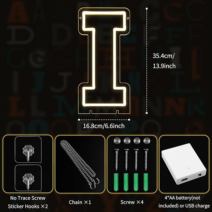 Light Up Letters I, Led Marquee Letter Lights Neon Sign, 13.9" Height Decorative Lighted Alphabet Number, Battery/USB Powered Led Letters Lights for Wedding, Birthday, Party, Christmas or Home Decor