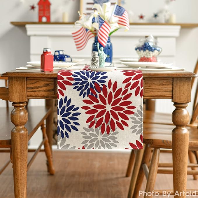 Artoid Mode Red Dahlia Floral Pinnata Memorial Day Table Runner, 4th of July Veterans Day Kitchen Dining Table Decoration for Home Party Decor 13x72 Inch